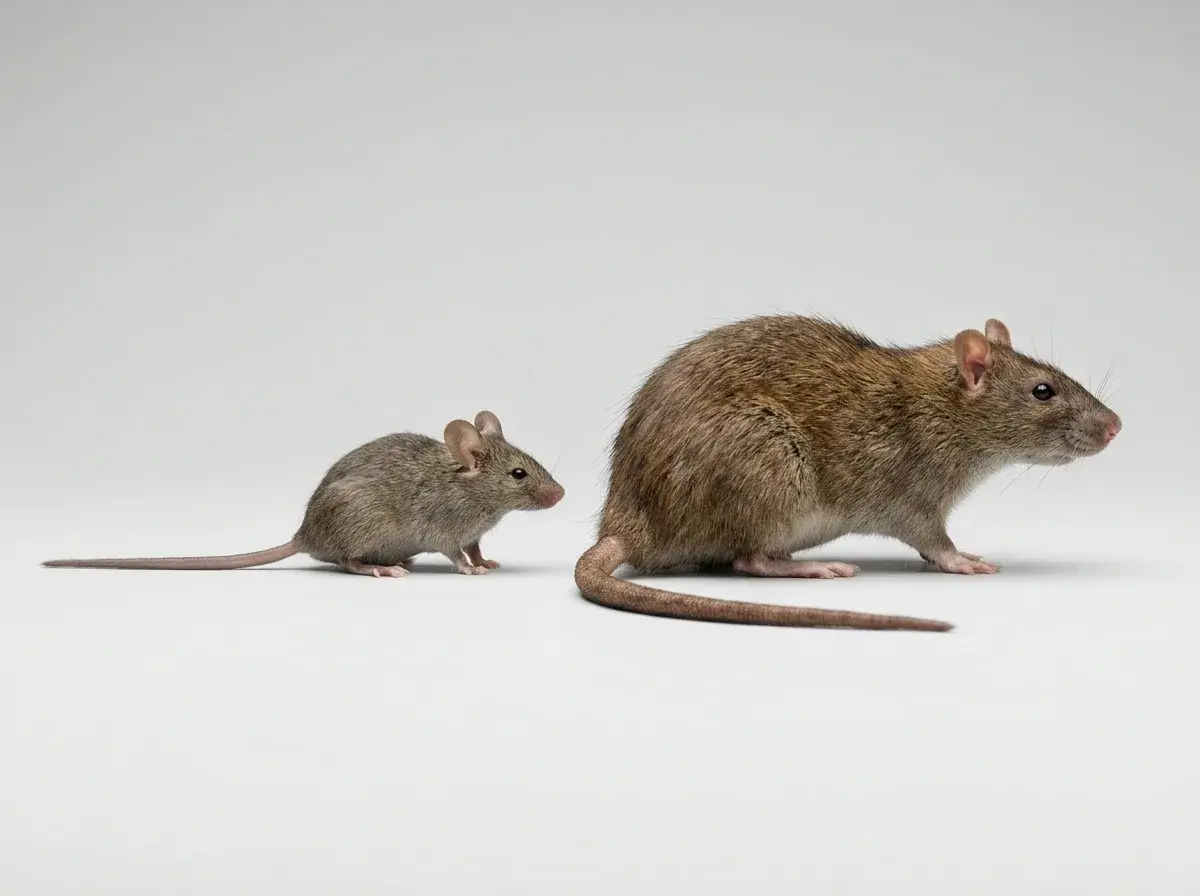 Házi egér és vándorpatkány egymás mellett, azonos léptékben